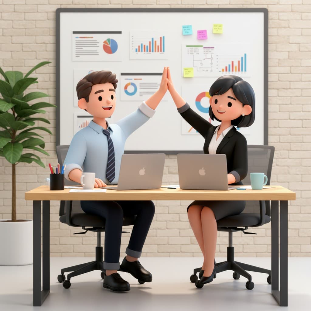 Illustration of two colleagues high-fiving at a shared desk with laptops and a chart-filled whiteboard.