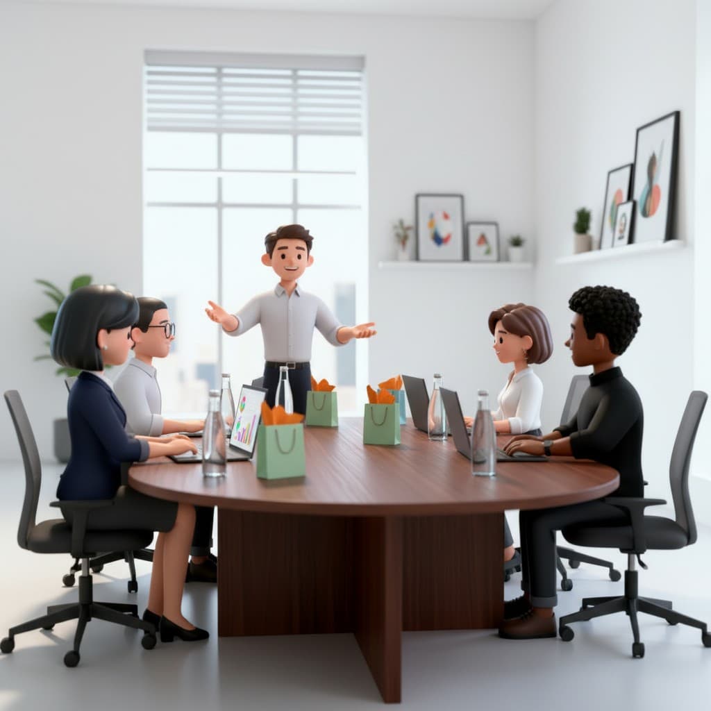 Illustration of a team meeting around a round table with a presenter and colleagues on laptops.